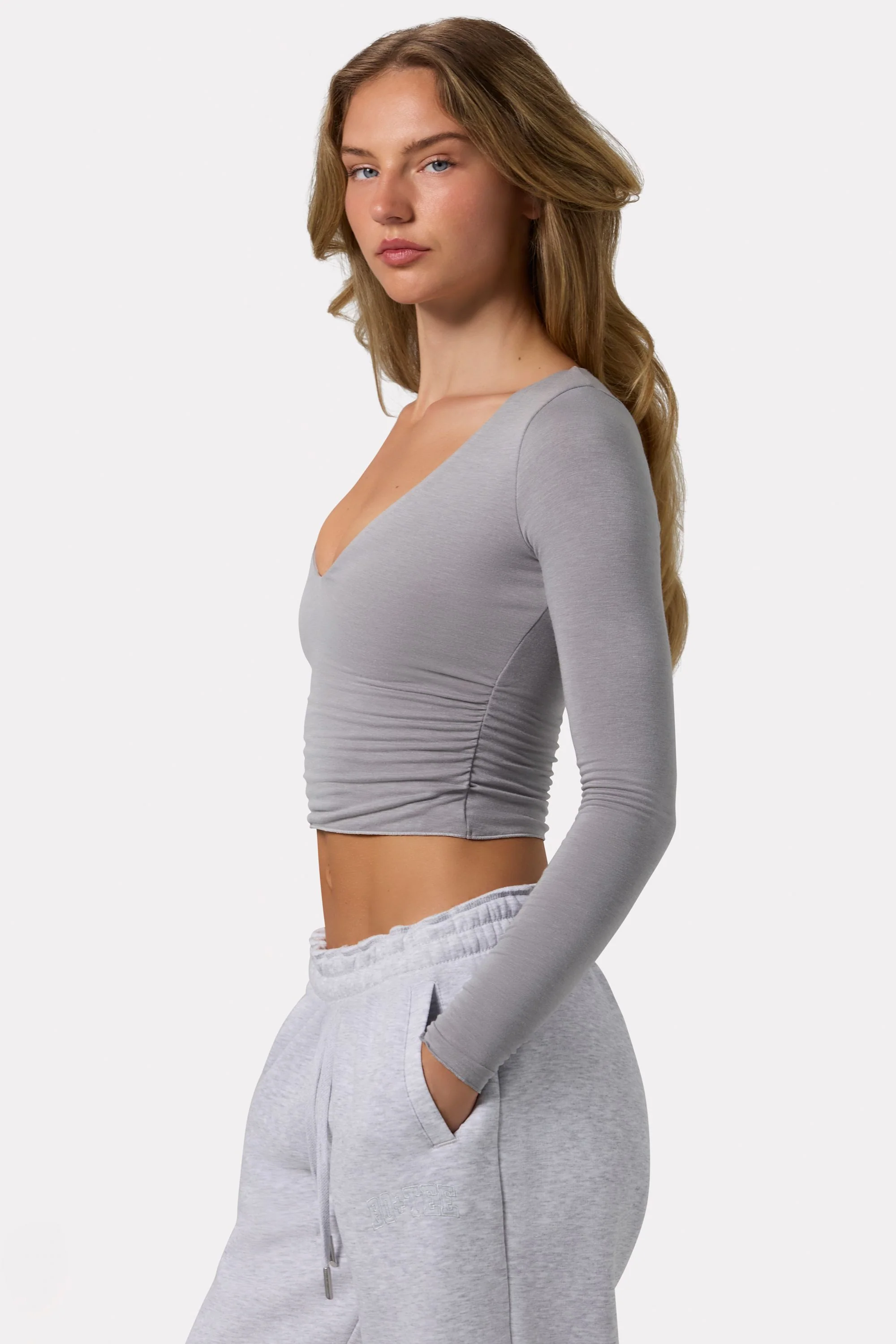 Ruched Long-Sleeve Crop Top in Grey - Image 3