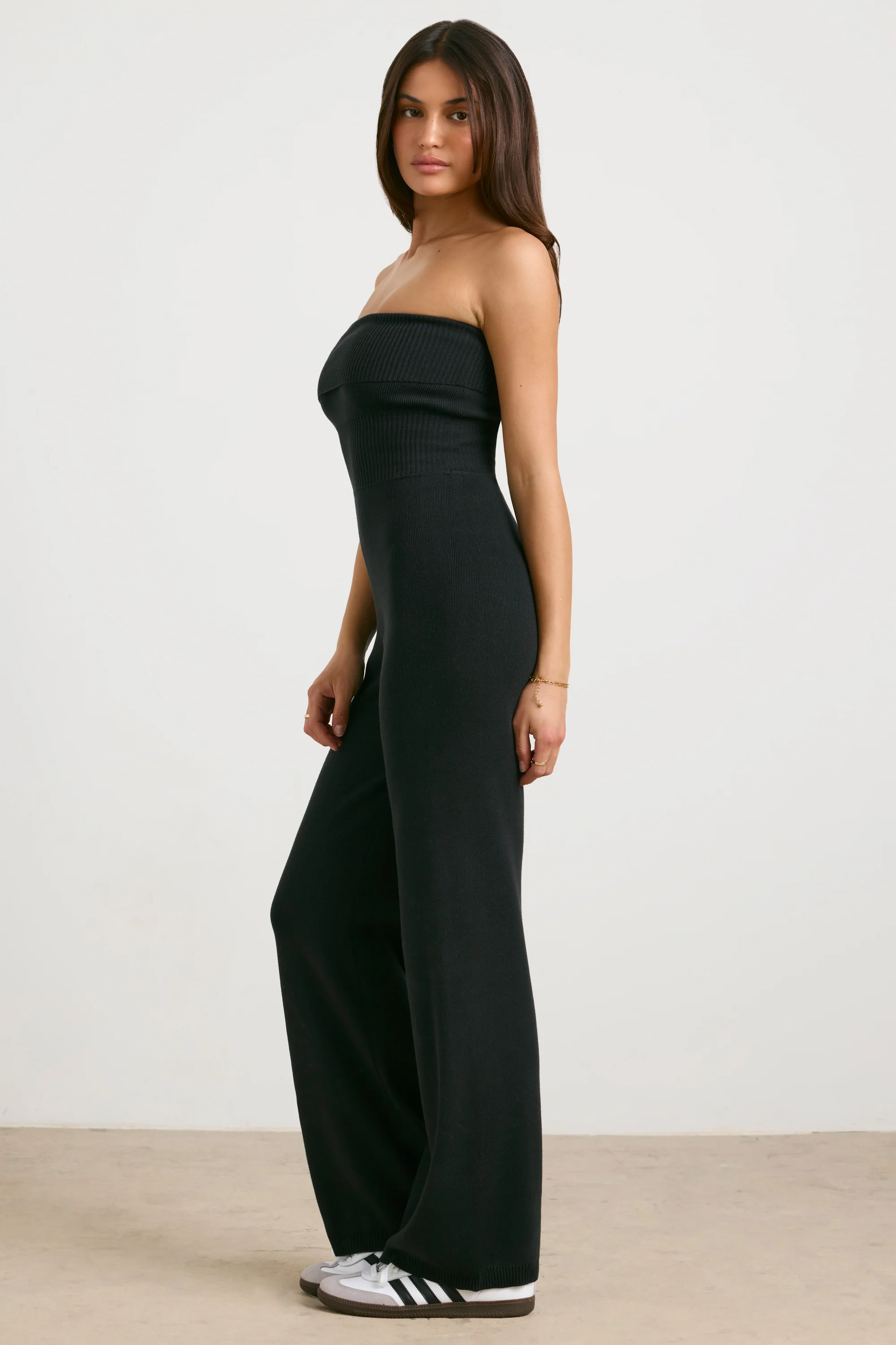 Chunky Knit Bandeau Kick Flare Jumpsuit in Black - Image 2