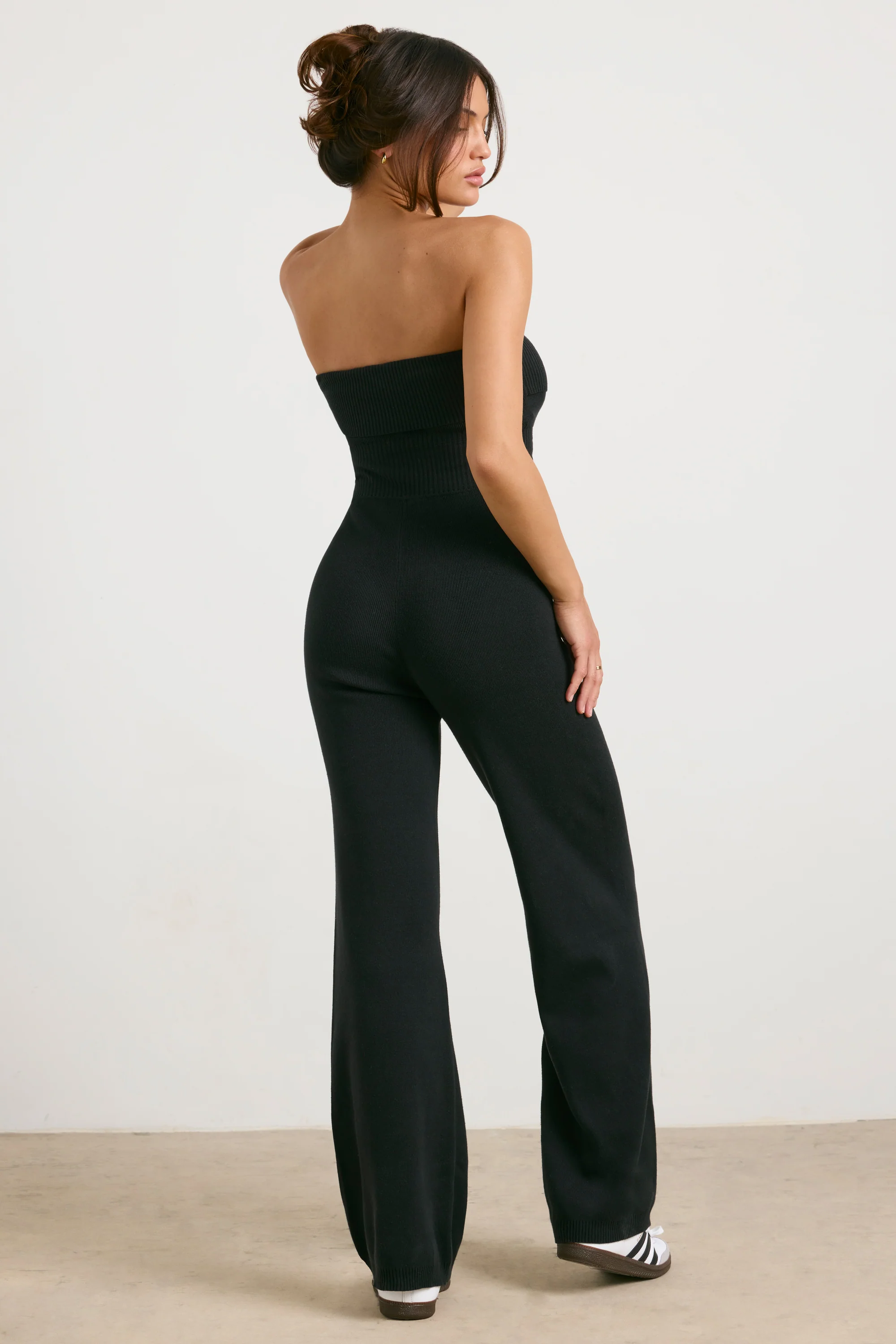 Chunky Knit Bandeau Kick Flare Jumpsuit in Black - Image 3