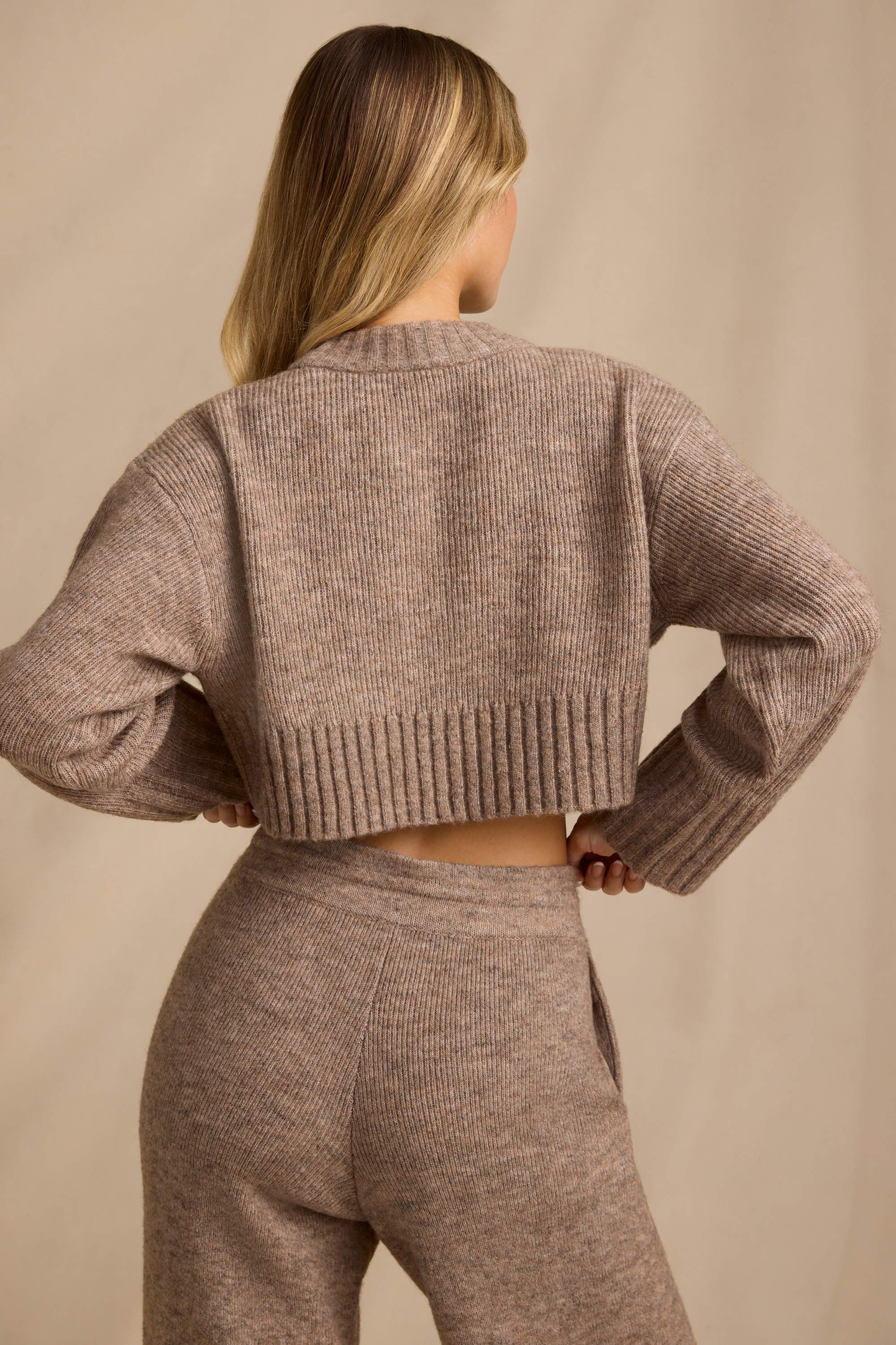 Ribbed Knit Cropped Jumper in Brown Marl - Image 2