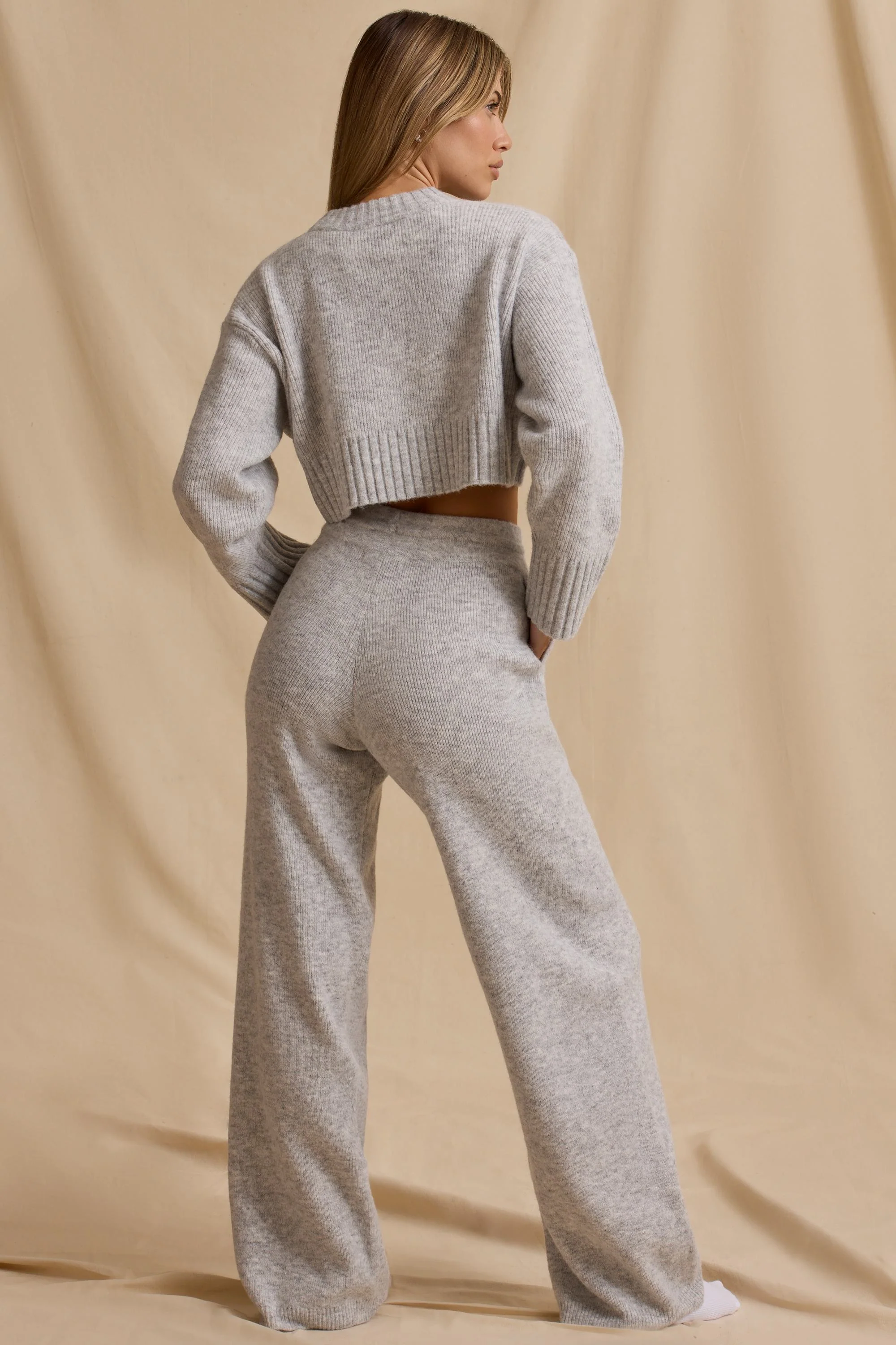 Ribbed Knit Mid-Rise Wide-Leg Joggers in Ice Marl - Image 3