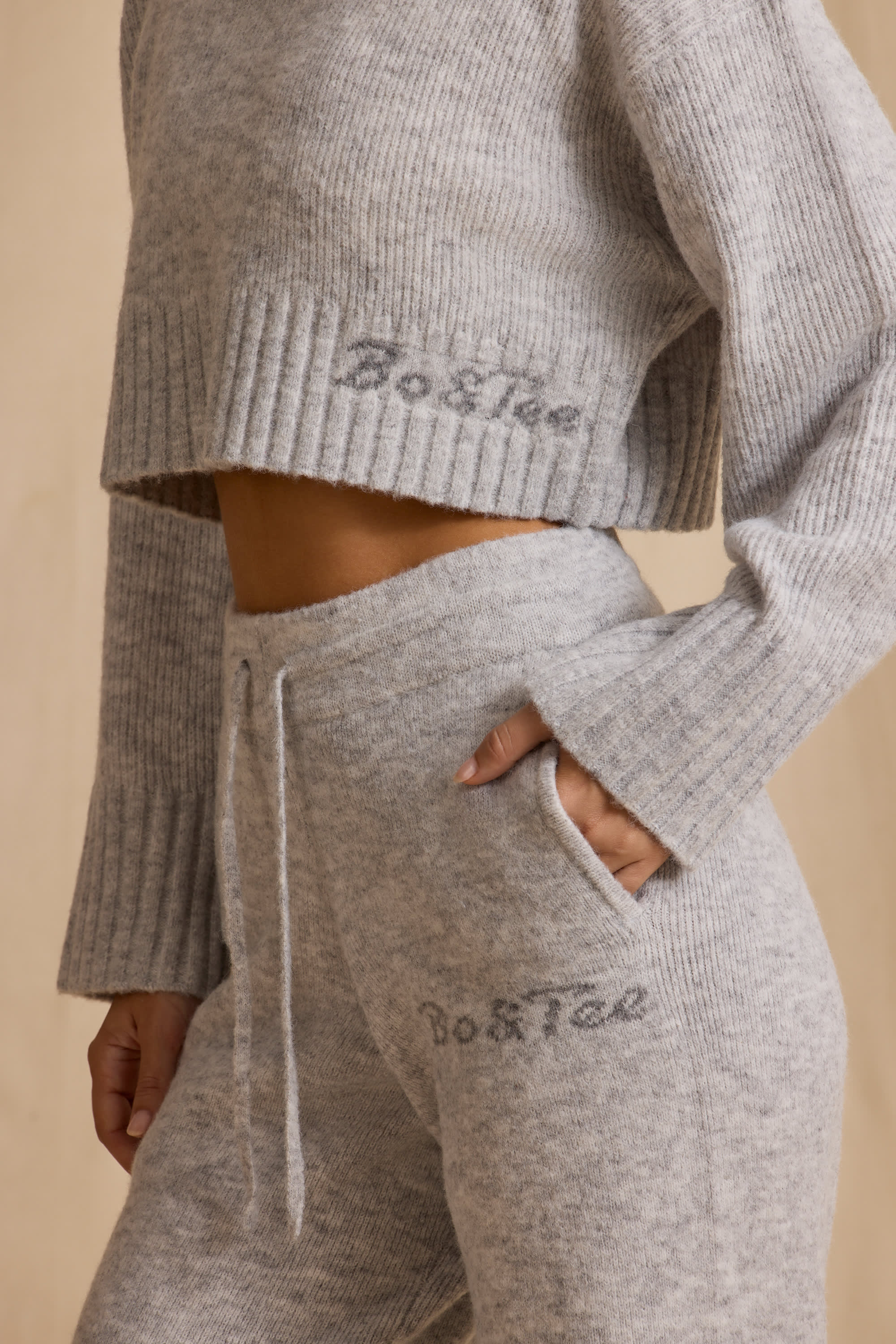 Ribbed Knit Mid-Rise Wide-Leg Joggers in Ice Marl - Image 4