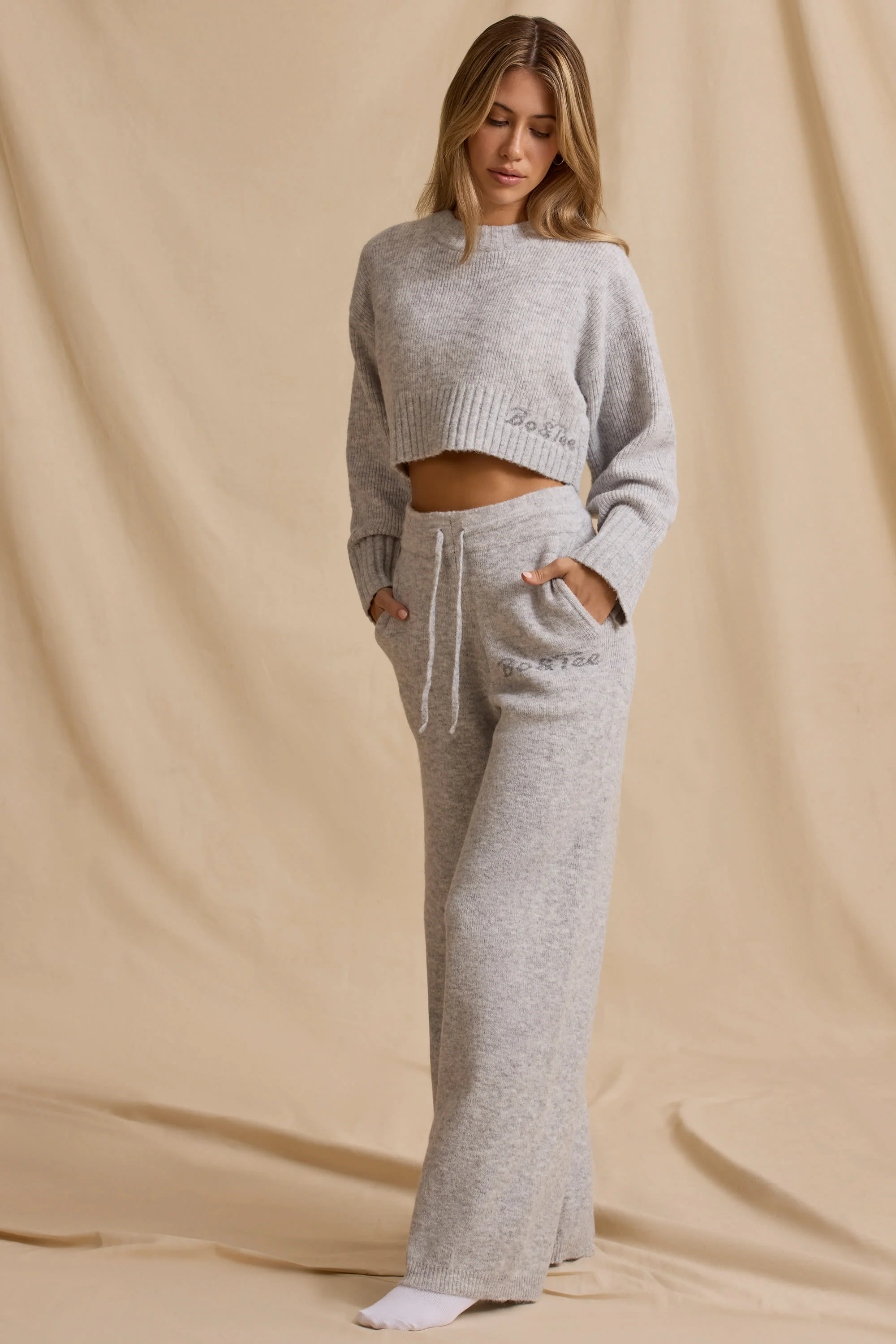 Ribbed Knit Mid-Rise Wide-Leg Joggers in Ice Marl - Image 5