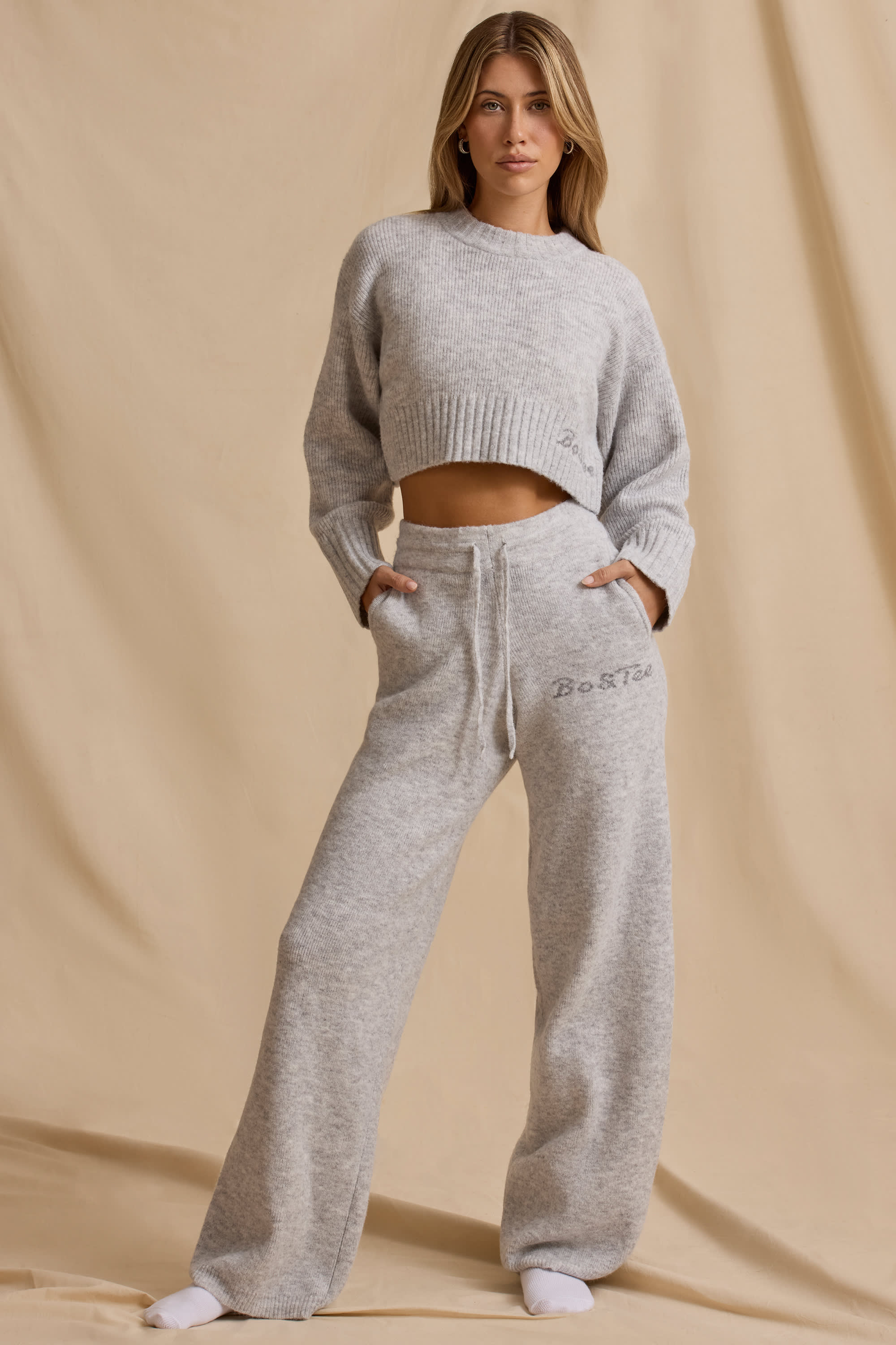 Ribbed Knit Mid-Rise Wide-Leg Joggers in Ice Marl - Image 6