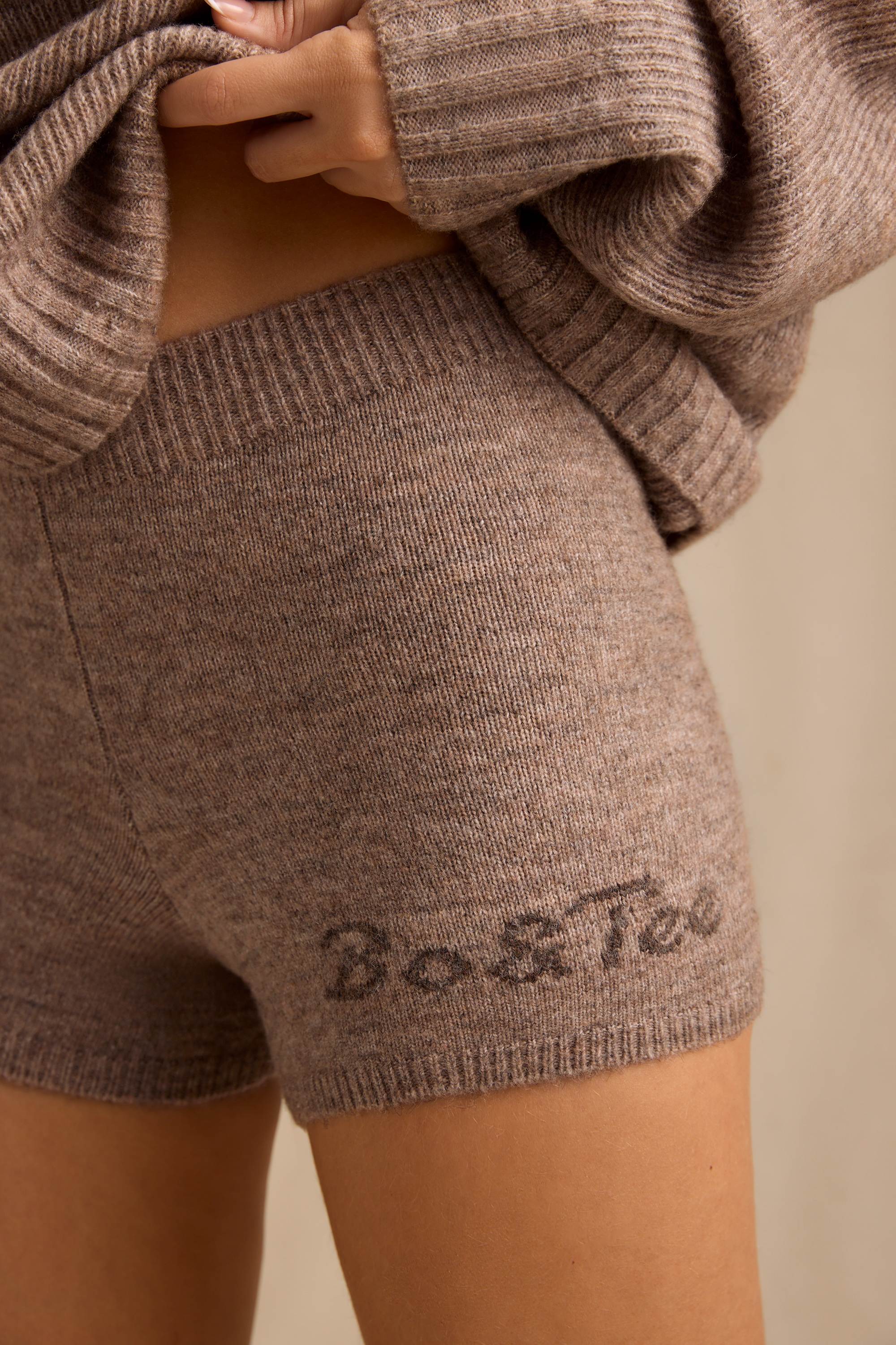 Mid-Rise Knit Mini Shorts in Brown Marl - Image 4