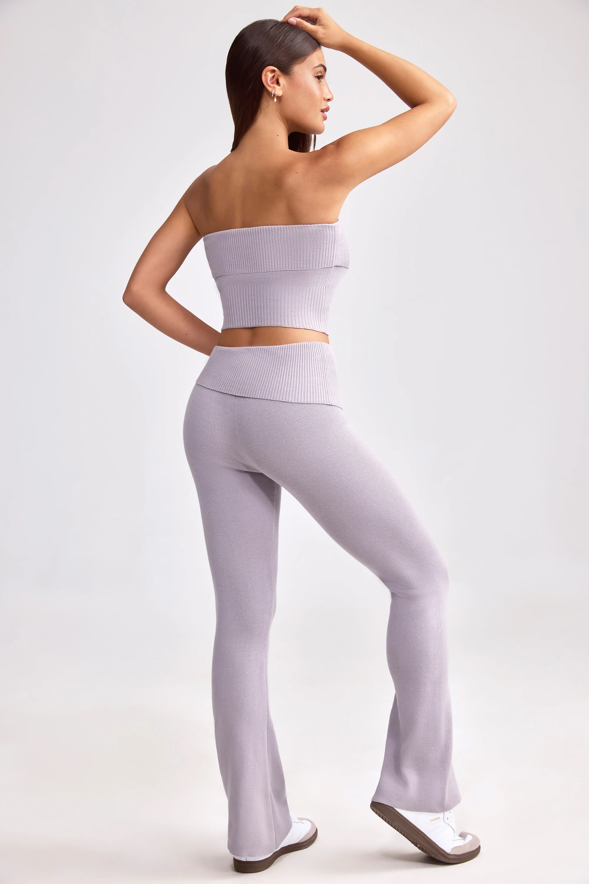 Chunky Knit Foldover Kick Flare Trousers in Dusty Lavender - Image 3