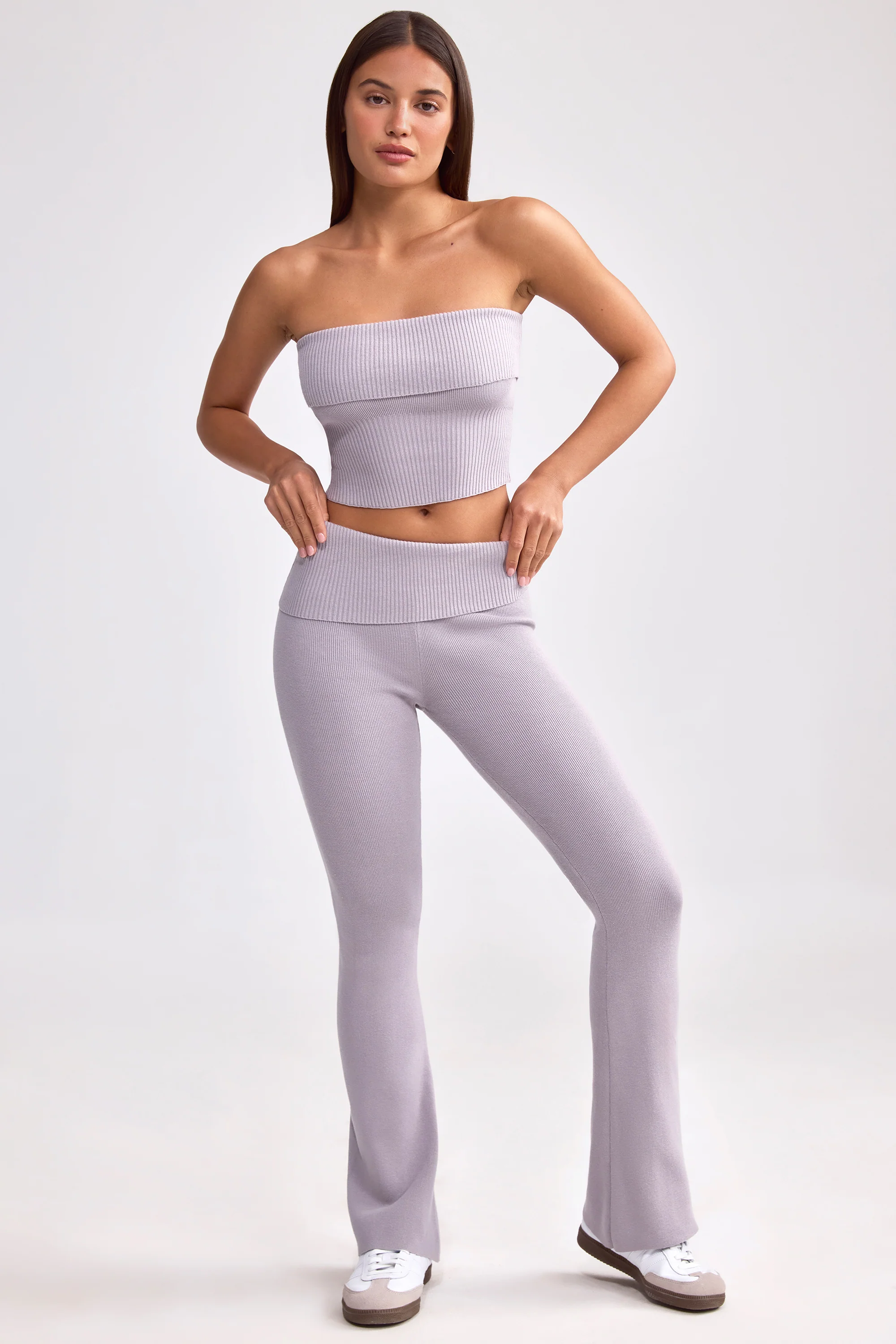 Chunky Knit Foldover Kick Flare Trousers in Dusty Lavender - Image 5
