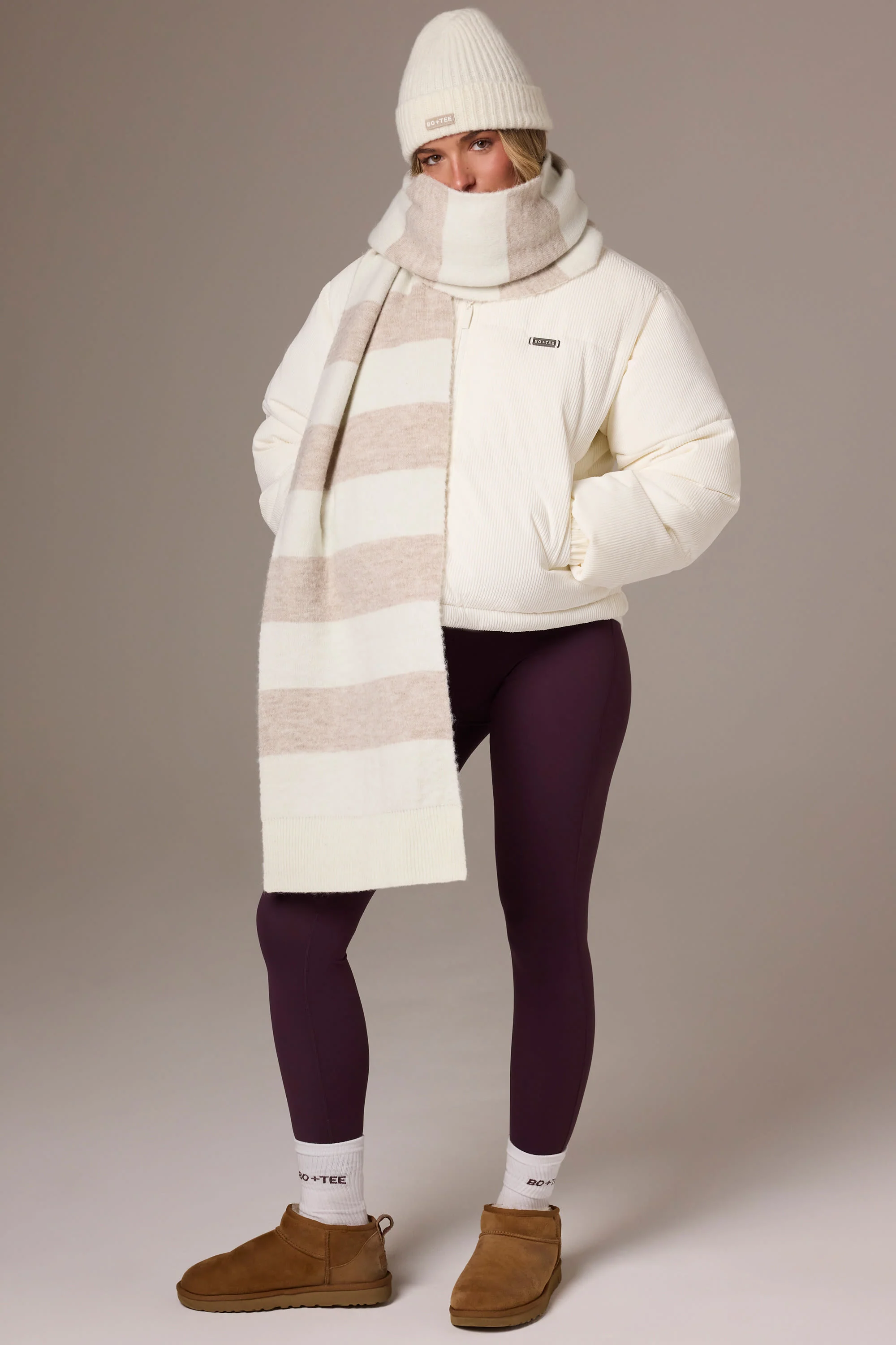 Knitted Striped Scarf in Ivory - Image 3