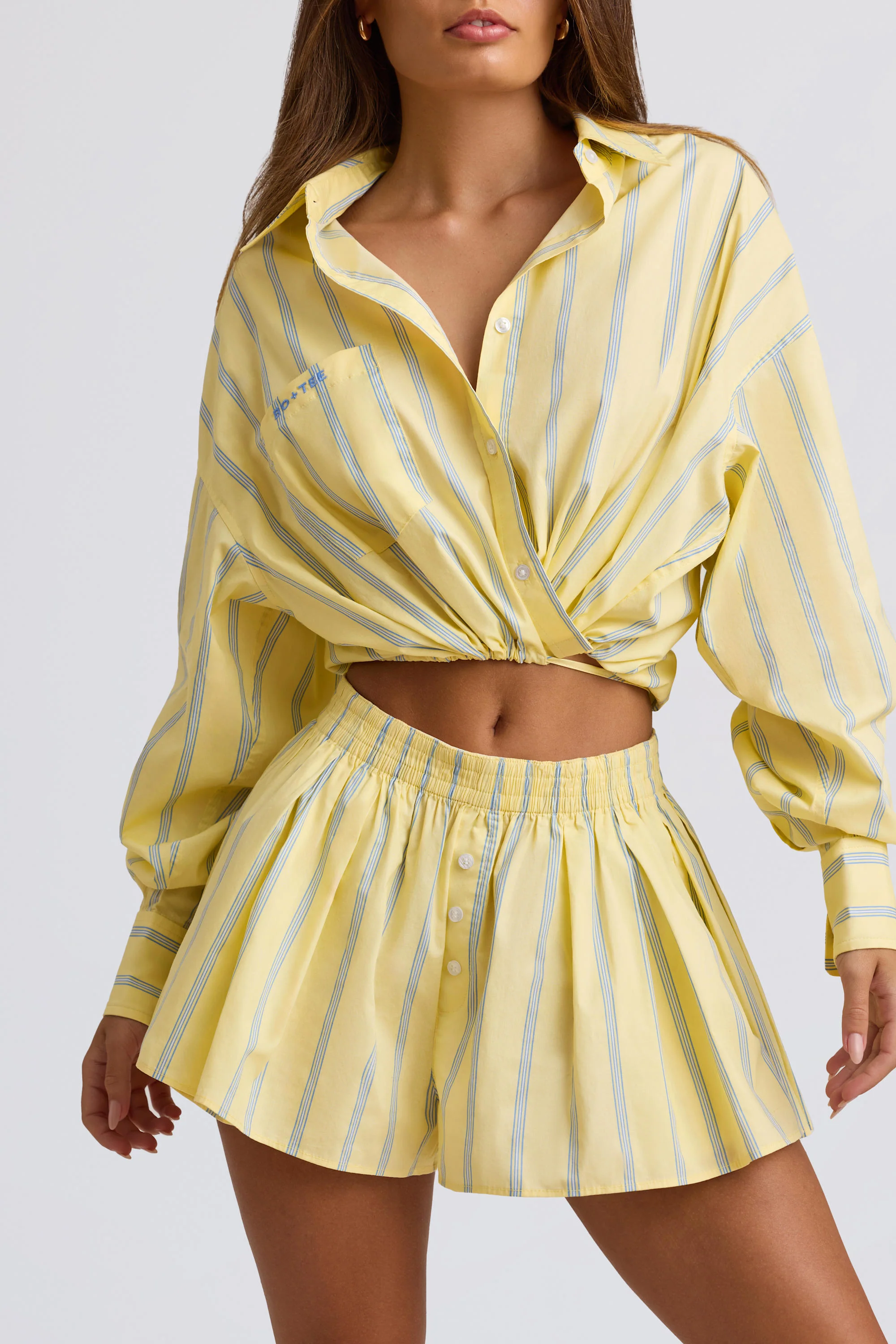 Cotton Poplin Stripe Multiway Cropped Shirt in Yellow Stripe - Image 4