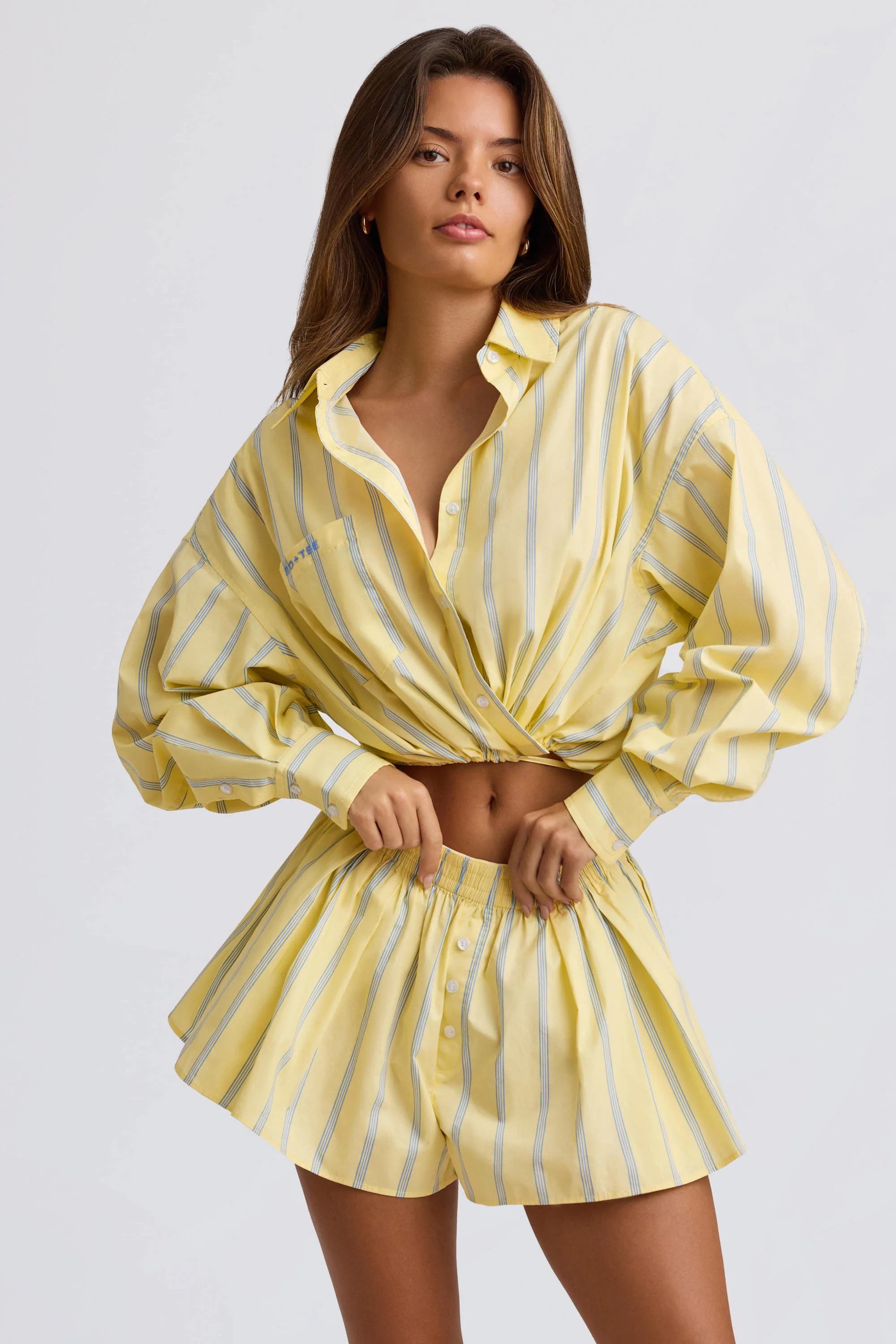 Cotton Poplin Stripe Multiway Cropped Shirt in Yellow Stripe - Image 5