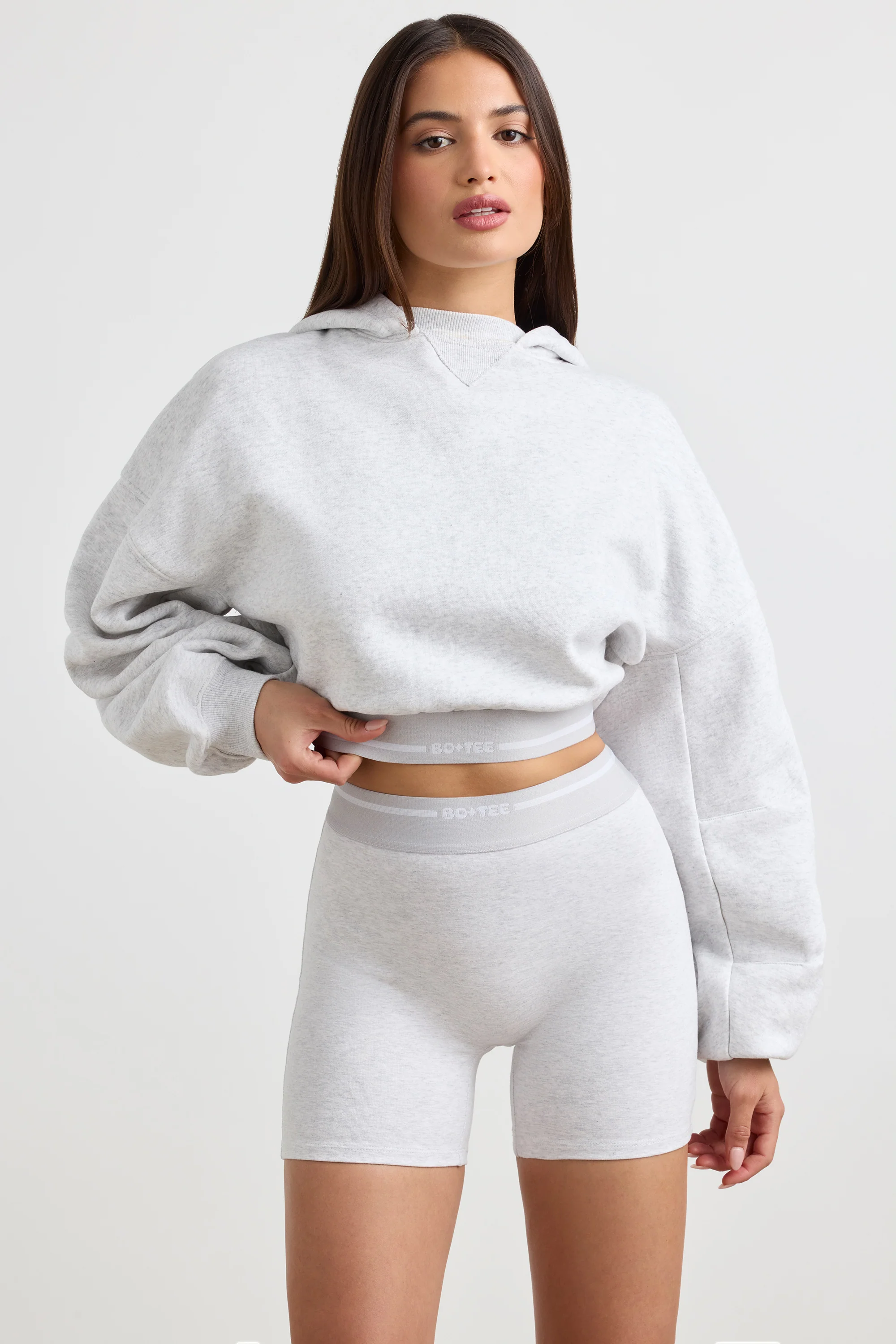 Stretch Cotton Fleece Cropped Hoodie in Grey Marl - Image 4