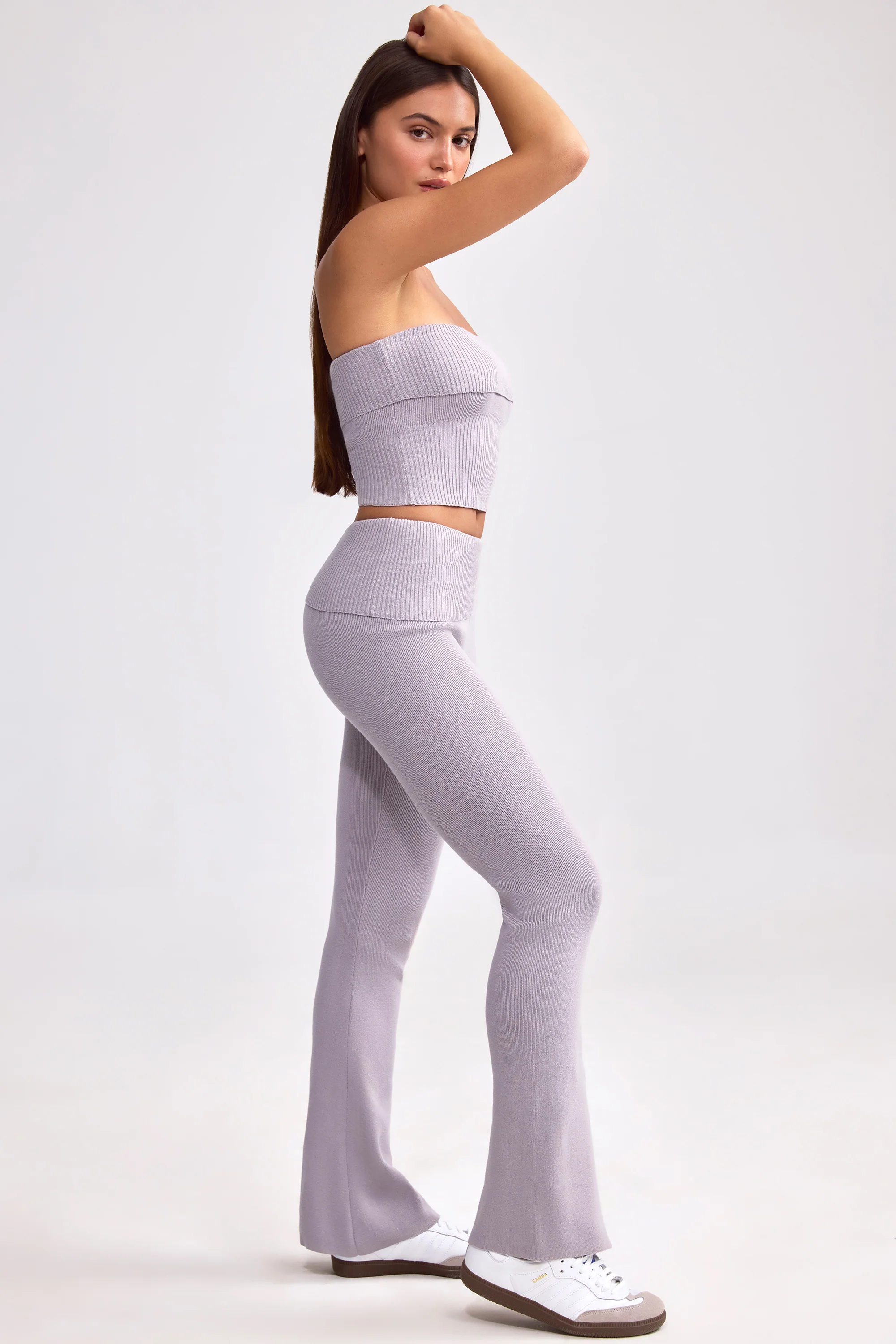 Fold Over Kick Flare Chunky Knit Trousers in Dusty Lavender - Image 2