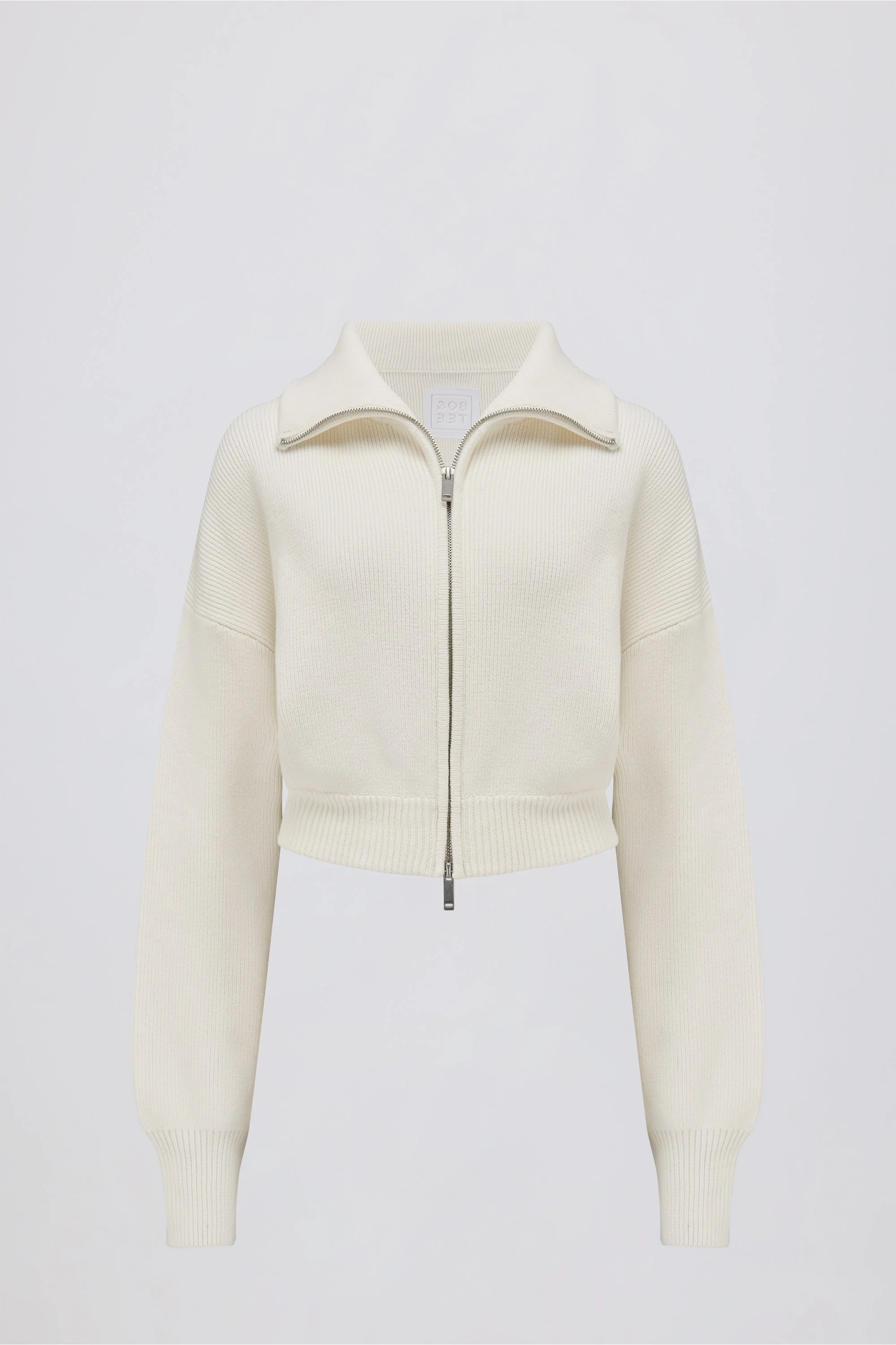 Ribbed Knit Zip-Up Cropped Sweatshirt in Ivory - Image 3