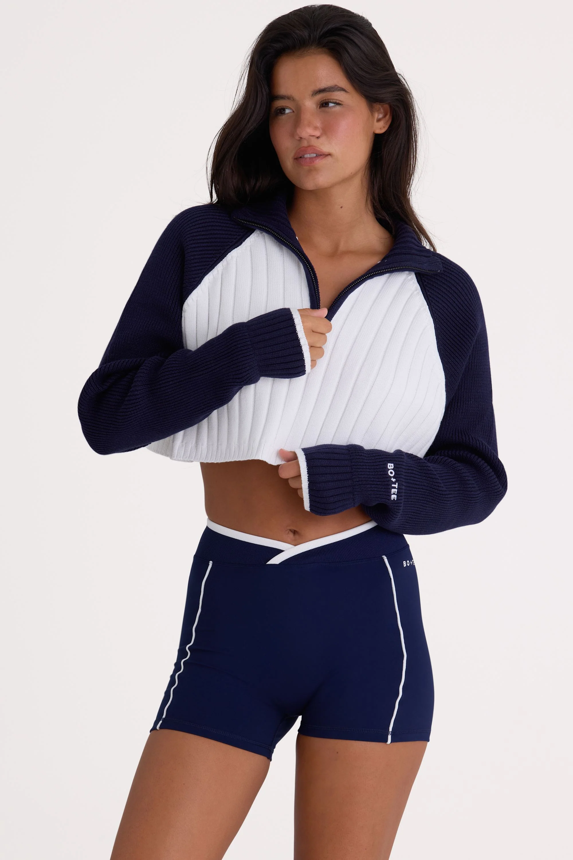 Ribbed Knit Quarter-Zip Cropped Jumper in Midnight - Image 4
