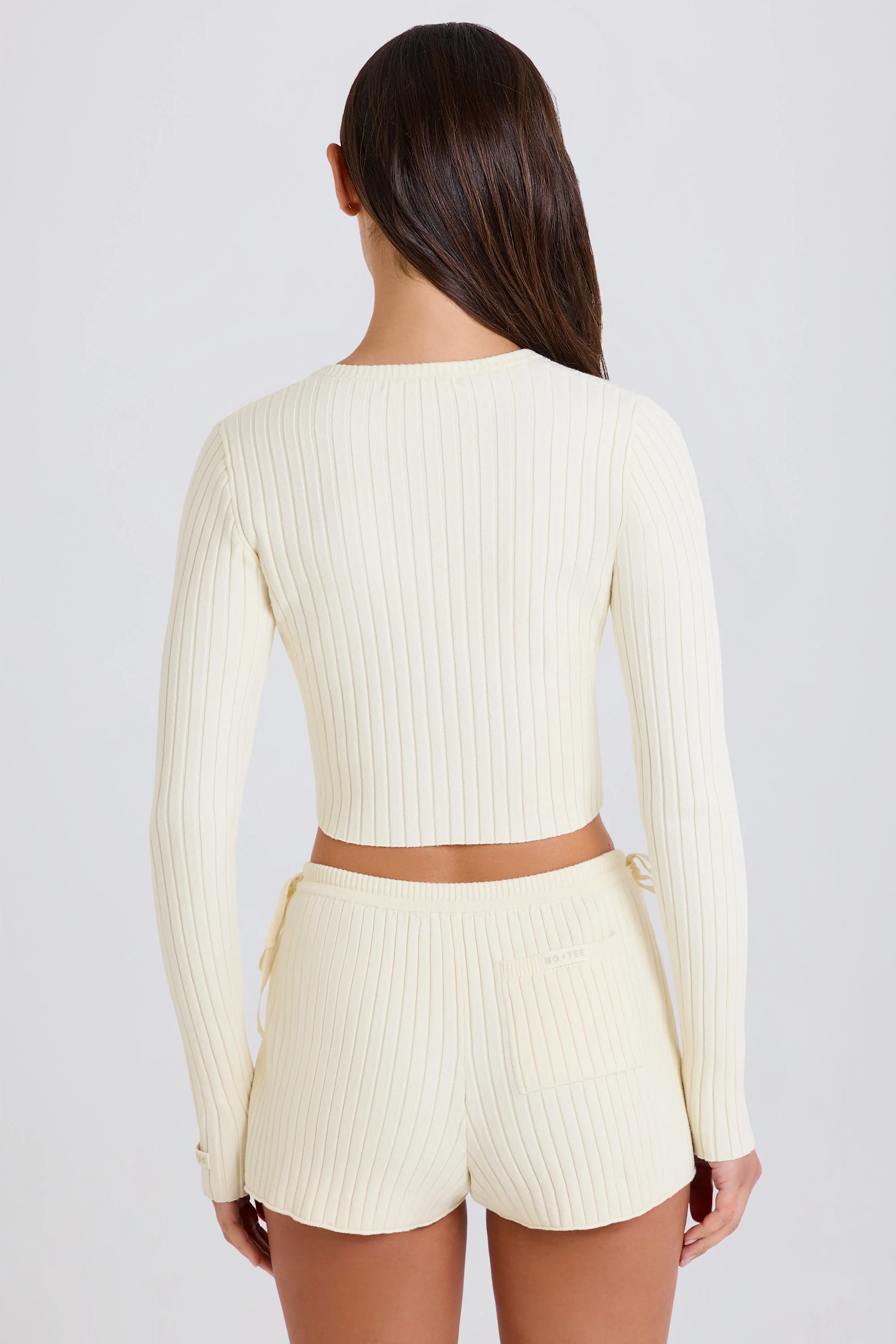 Ribbed Knit Tie Mini Shorts in Cream - Image 2