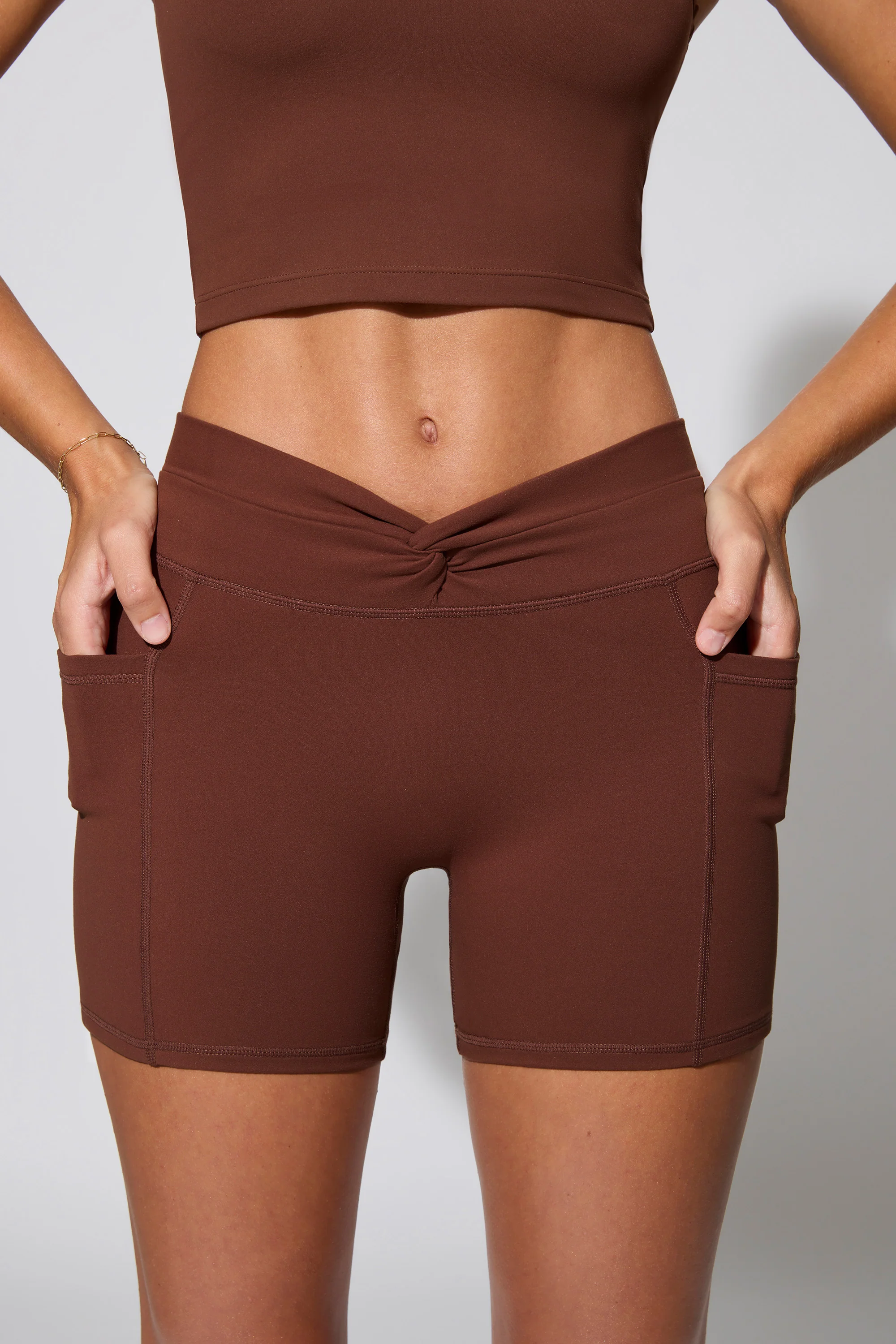 Twist Waist Mini Shorts with Pockets in Brown - Image 4