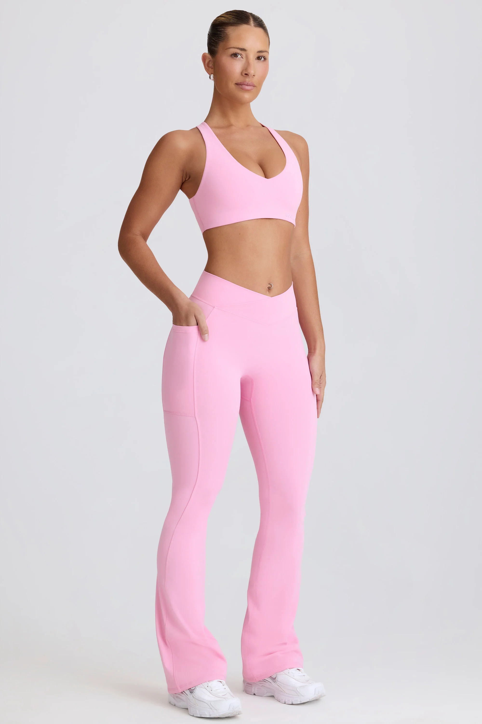 Soft Active V-Waist Pocket Flared Leggings in Baby Pink - Image 3
