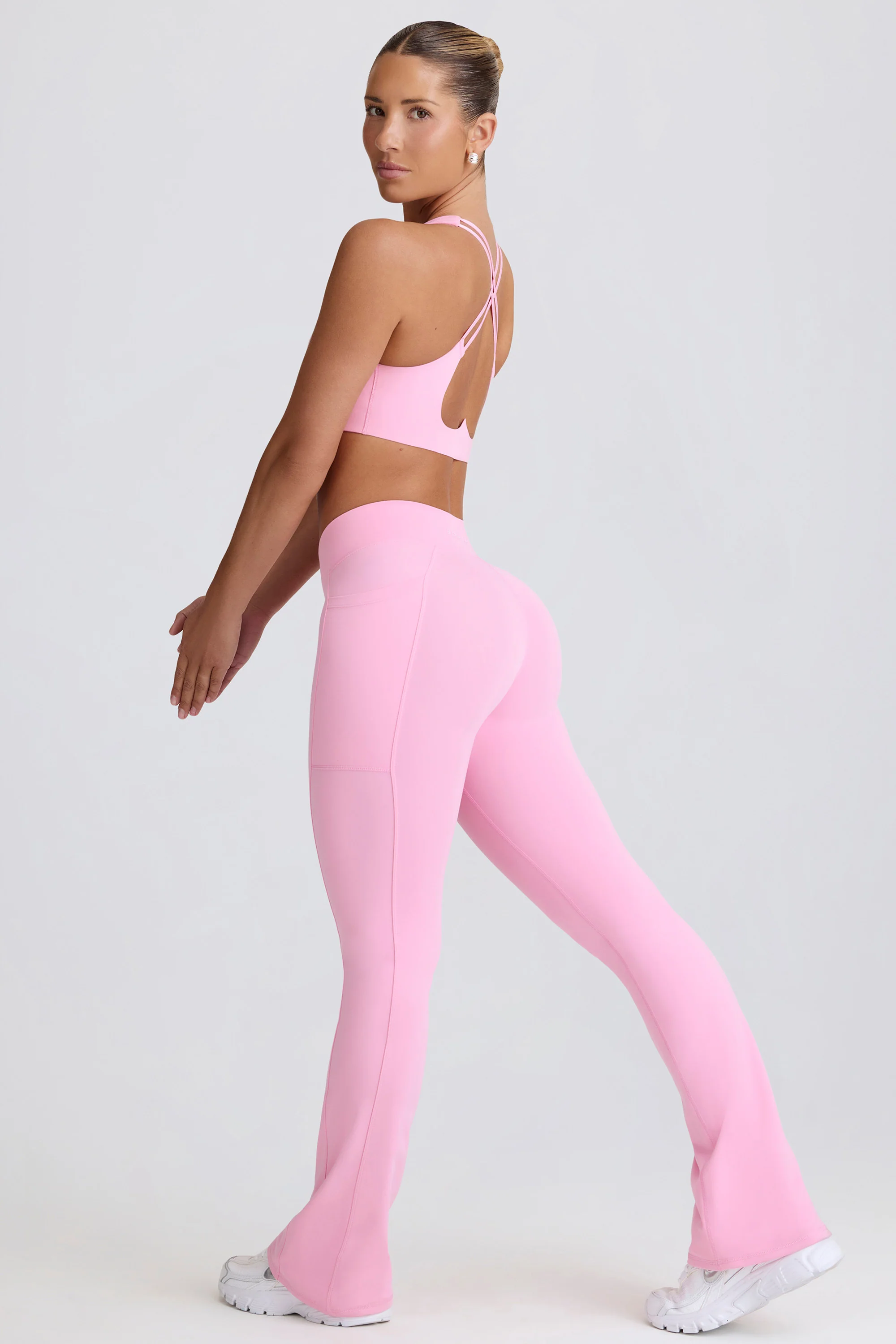 Soft Active V-Waist Pocket Flared Leggings in Baby Pink - Image 6