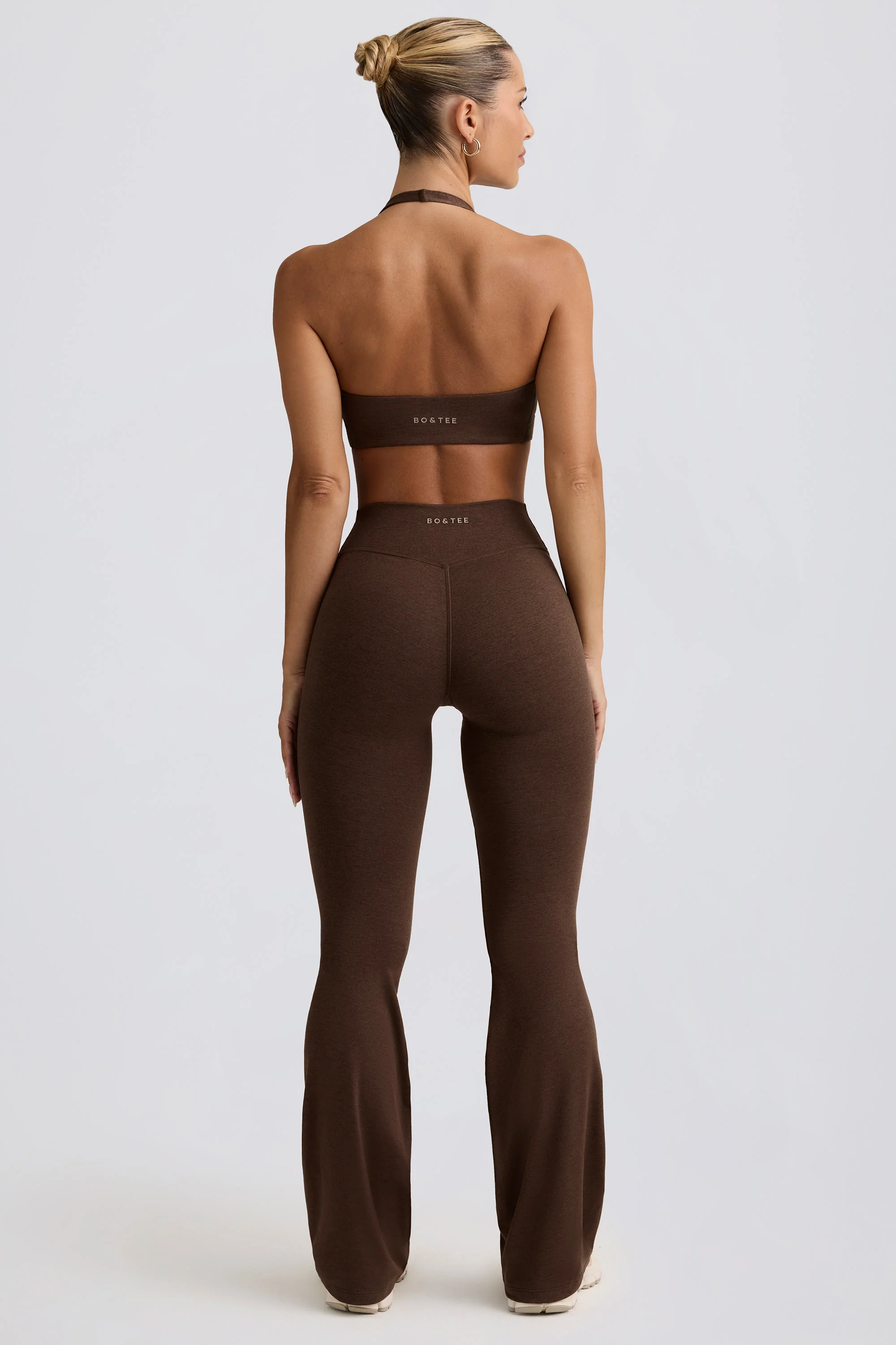 Brushed Jersey Ruched Flared Trousers in Pecan Marl - Image 3