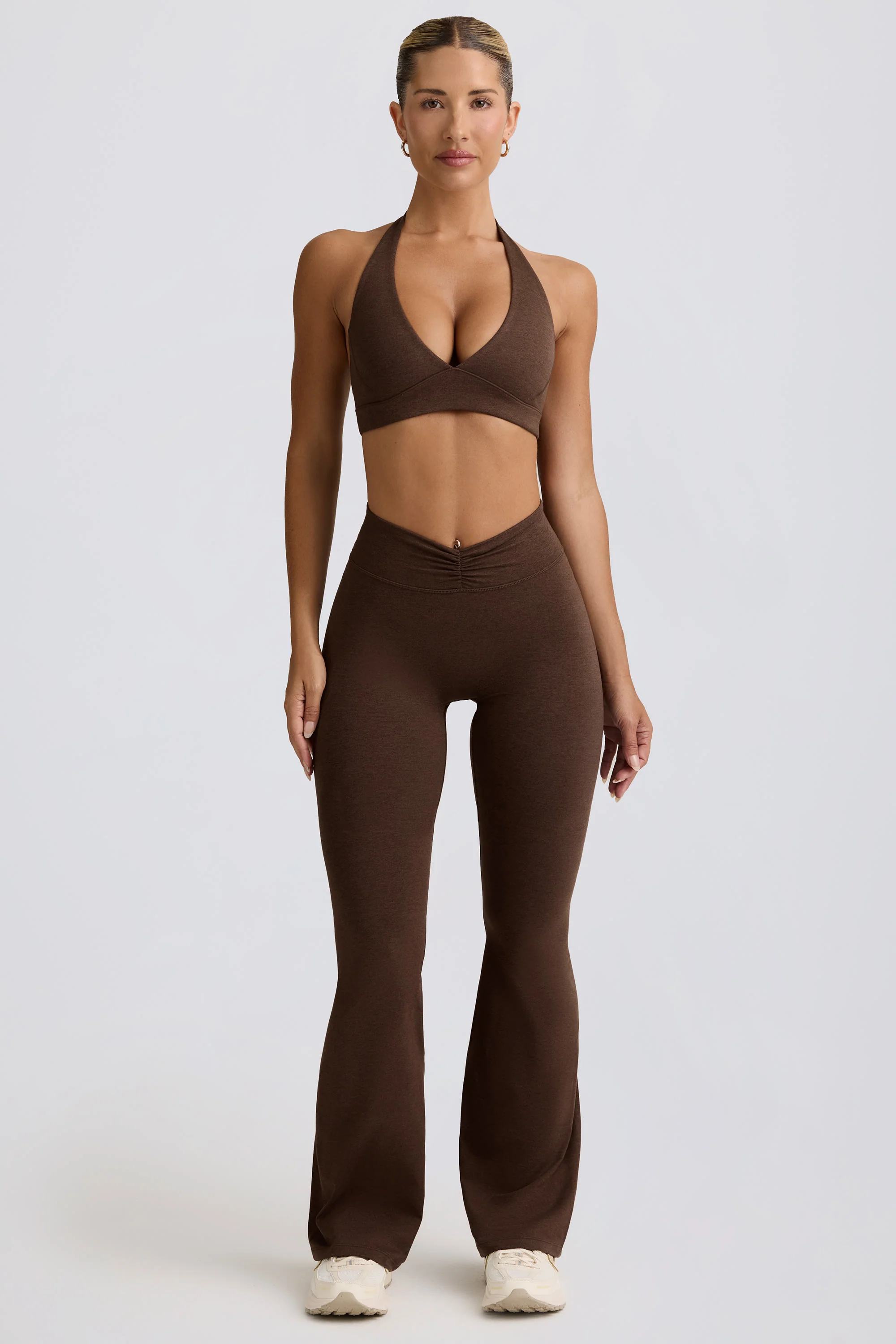 Brushed Jersey Ruched Flared Trousers in Pecan Marl - Image 4