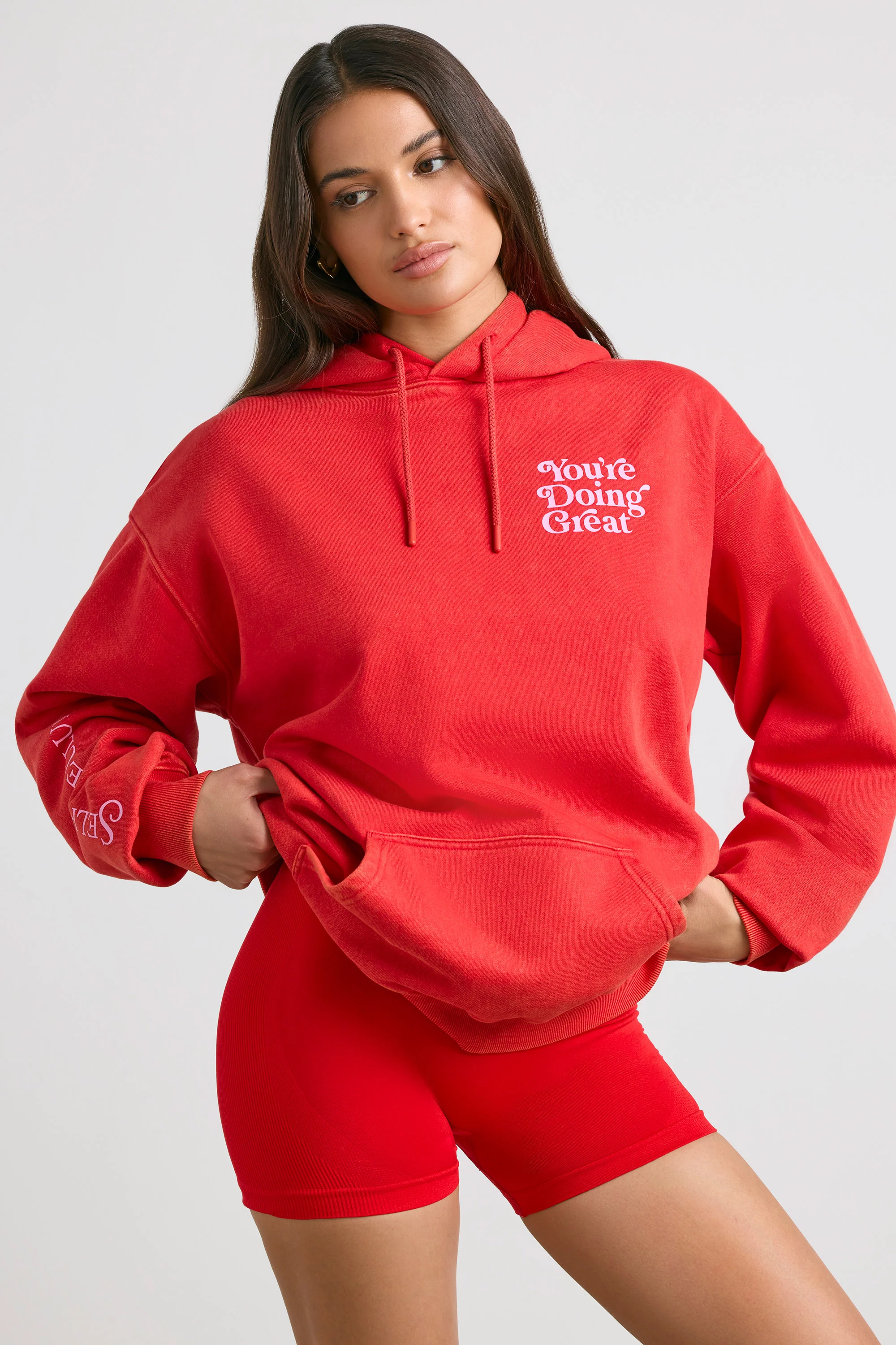Soft Cotton Jersey Oversized Hoodie in Red - Image 3