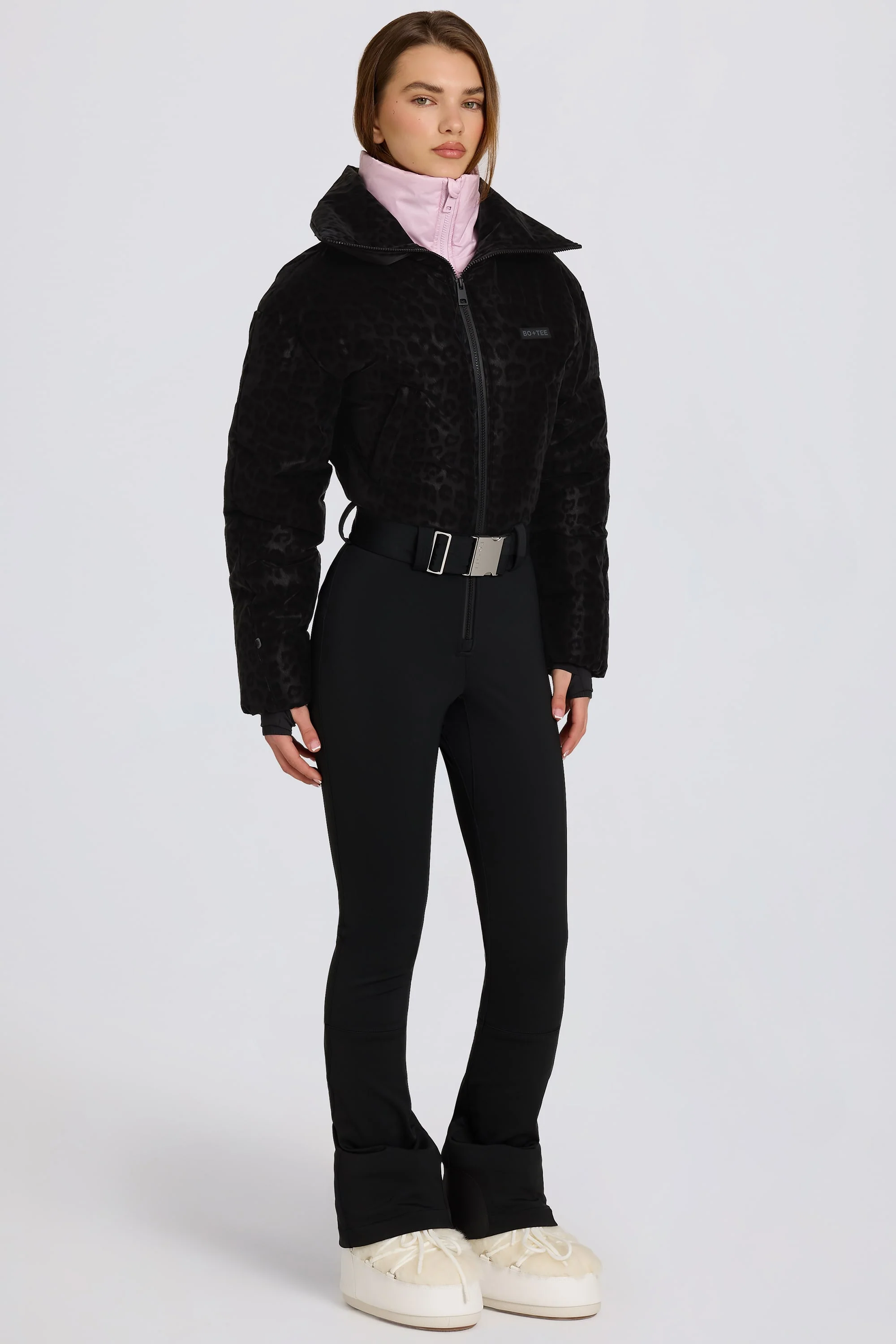 Waterproof Belted Layered Ski Suit in Black Leopard - Image 5