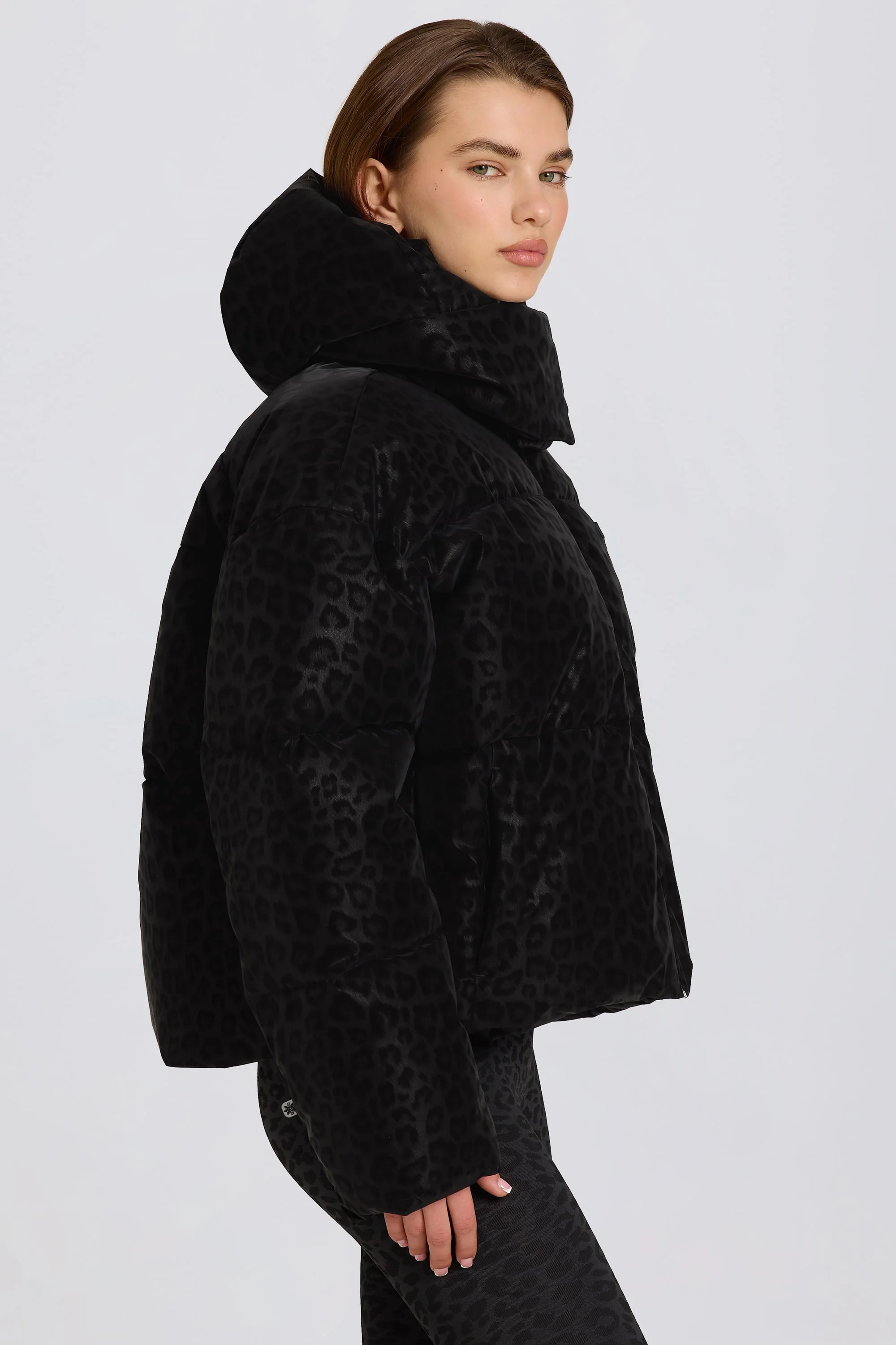 Waterproof Cropped Oversized Ski Jacket in Black Leopard - Image 3